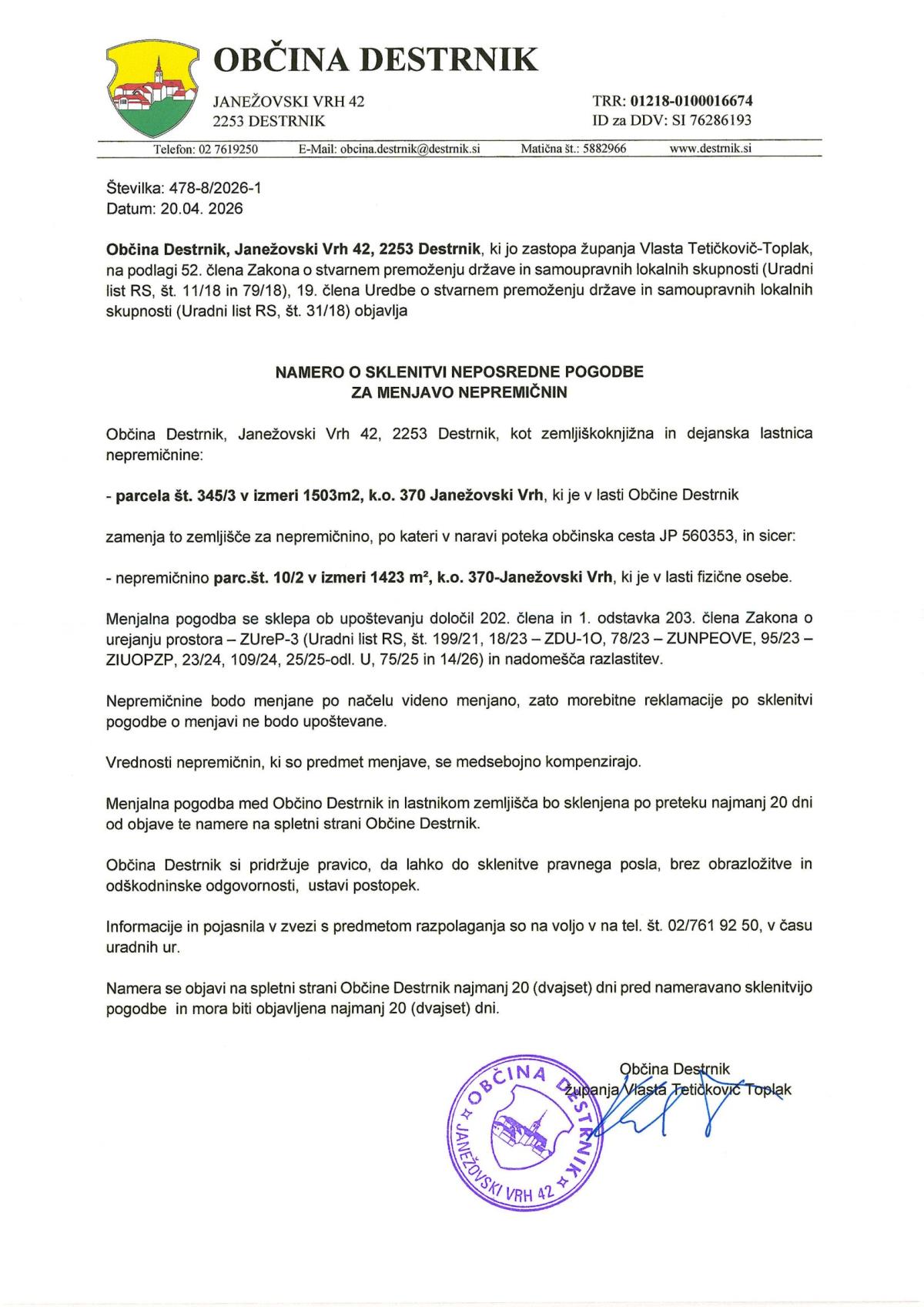 Namera o sklenitvi neposredne pogodbe za menjaco nepremičnin k.o. Janežovski Vrh-Zelenik Jože-1